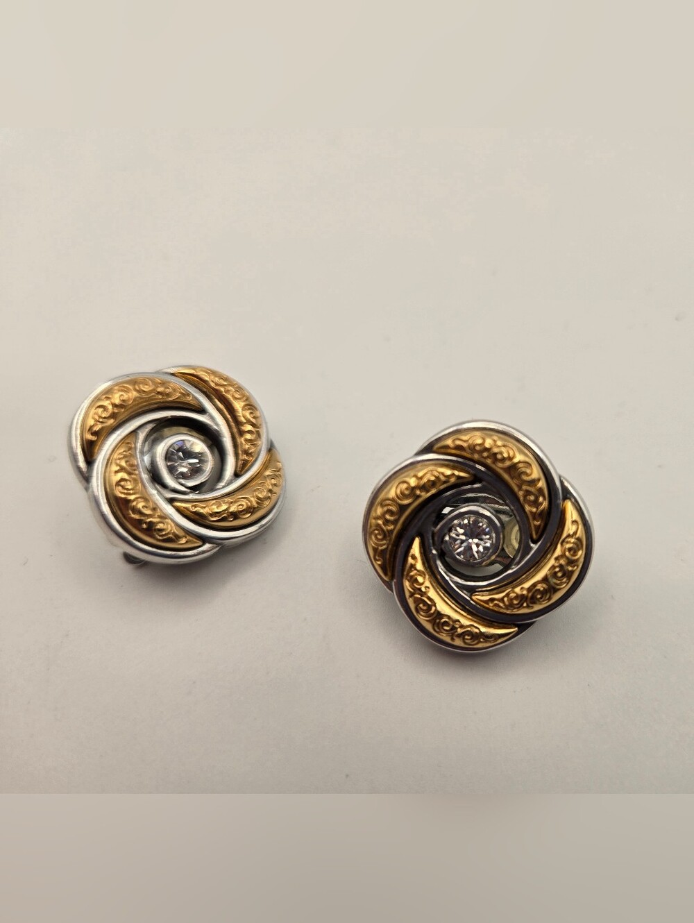 Brighton Love Knot Eternity Swirl Clip-On Two-tone Silver Gold Crystal Center